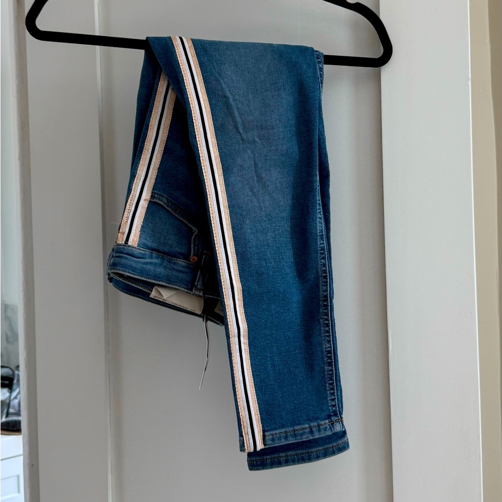 Topshop | PETITE | Jamie Moto High Waisted Ankle Grazer Jeans with Pinstripes